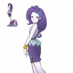 Size: 2048x2048 | Tagged: safe, artist:dusknebula, kotobukiya, rarity, human, pony, equestria girls, g4, backless, bare shoulders, blushing, bracelet, clothes, female, jewelry, kotobukiya rarity, lidded eyes, looking at you, rarity peplum dress, reference, side view, simple background, skirt, sleeveless, smiling, solo, white background