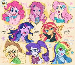 Size: 3925x3430 | Tagged: safe, artist:nainaier007, applejack, fluttershy, pinkie pie, rainbow dash, rarity, sunset shimmer, twilight sparkle, human, equestria girls, g4, bust, emoji, humane five, humane seven, humane six, one eye closed, open mouth, pinkamena diane pie, portrait, simple background, smiling, speech bubble, sweat, sweatdrop, text, wink, yellow background, yellow outline