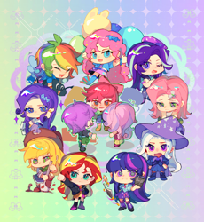 Size: 1804x1958 | Tagged: safe, artist:nimingxiwang168, artist:wumingshi61160, apple bloom, applejack, fluttershy, pinkie pie, rainbow dash, rarity, scootaloo, starlight glimmer, sunset shimmer, sweetie belle, trixie, twilight sparkle, human, equestria girls, g4, abstract background, book, chibi, cutie mark crusaders, female, gradient background, human coloration, humane five, humane seven, humane six, light skin, winged humanization, wings