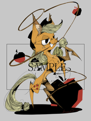 Size: 1600x2133 | Tagged: safe, artist:avravous, applejack, earth pony, pony, g4, apple, female, food, gray background, lasso, mare, rope, sample, simple background, solo, text