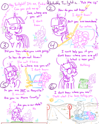 Size: 4779x6013 | Tagged: safe, artist:adorkabletwilightandfriends, pinkie pie, spike, twilight sparkle, alicorn, dragon, earth pony, pony, comic:adorkable twilight and friends, g4, adorkable, adorkable twilight, aerial view, atlas, automobile, butt, car, cellphone, comic, confused, confusion, cute, desert, door, dork, drink, female, happy, help, help me, helpless, hood, humor, lost, magic, male, map, map of equestria, nervous, perspective, phone, phone call, plot, road, slice of life, smartphone, smoke, stop sign, tail, trio, twilight sparkle (alicorn), wingless spike, worried