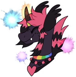 Size: 1068x1074 | Tagged: safe, artist:catastrophyte, oc, oc only, pony, unicorn, bust, collar, coontails, eyes closed, fangs, horn, pink mane, portrait, purple coat, scene kid, side view, simple background, smiling, solo, two toned mane, white background