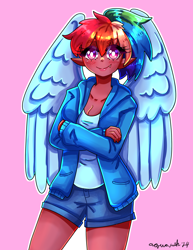 Size: 2550x3300 | Tagged: safe, artist:mylittleyuri, rainbow dash, human, g4, alternate hairstyle, blushing, clothes, cute, cute little fangs, dark skin, dashabetes, elf ears, fangs, female, heart, heart eyes, hoodie, humanized, pink background, ponytail, shirt, shorts, simple background, solo, wingding eyes, winged humanization, wings