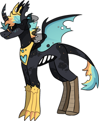 Size: 941x1154 | Tagged: safe, artist:catastrophyte, oc, oc only, oc:king quasar, changeling, adoptable, black coat, fangs, full body, hair over eyes, king, leonine tail, male, male oc, simple background, smiling, solo, tail, transparent background, wings