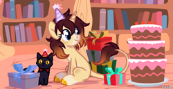 Size: 1400x720 | Tagged: safe, artist:eilidh-draw, oc, oc only, oc:sychia, cat, pony, unicorn, birthday, birthday cake, birthday gift, cake, collar, female, food, golden oaks library, hat, horn, leonine tail, mare, markings, party hat, plate, present, sitting, solo, tail, unshorn fetlocks