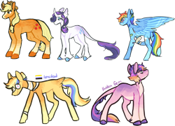 Size: 2470x1780 | Tagged: safe, artist:catastrophyte, applejack, rainbow dash, rarity, oc, earth pony, pegasus, pony, unicorn, g4, alternate design, bandaid, bandaid on nose, full body, group, horn, magical lesbian spawn, offspring, parent:applejack, parent:rainbow dash, parent:rarity, parents:appledash, parents:rarijack, side view, simple background, transparent background