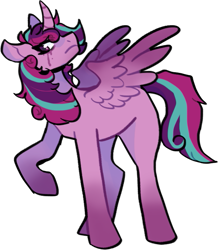 Size: 605x693 | Tagged: safe, artist:catastrophyte, oc, oc only, alicorn, pony, full body, purple coat, raised hoof, simple background, solo, spread wings, transparent background, unamused, wings