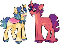 Size: 1750x1300 | Tagged: safe, artist:catastrophyte, oc, oc only, oc:bright eyes, oc:dreamy daze, unicorn, duo, full body, horn, simple background, smiling, transparent background, unicorn oc