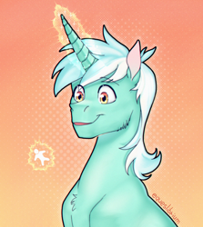 Size: 2046x2294 | Tagged: safe, artist:equeslibrium, lyra heartstrings, human, pony, unicorn, g4, background pony, bust, gradient background, horn, looking at someone, magic, magic aura, portrait, solo