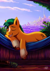 Size: 1140x1612 | Tagged: safe, artist:jowyb, hitch trailblazer, earth pony, pony, g5, cloud, coat markings, crystal brighthouse, detailed background, grin, hammock, male, maretime bay, mountain, mountain range, ocean, palm tree, plant, prisbeam, relaxing, scenery, sheriff's badge, sky, sleeping, smiling, solo, stallion, tree, unshorn fetlocks, water, wave, wood