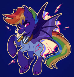 Size: 1024x1069 | Tagged: safe, artist:sadelinav, rainbow dash, bat pony, pony, g4, alternate cutie mark, bat ponified, blue background, goggles, race swap, rainbowbat, simple background, solo