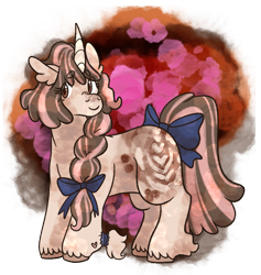 Size: 1131x1191 | Tagged: safe, artist:eonionic, oc, oc:coffee stains, pony, unicorn, bow, braid, female, hair bow, horn, mare, solo, tail, tail bow