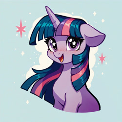 Size: 4608x4608 | Tagged: safe, ai assisted, ai content, artist:anonymous, edit, editor:anonymous, generator:civitai, generator:pony diffusion v6 xl, generator:stable diffusion, prompter:paleluna, twilight sparkle, pony, unicorn, g4, blush lines, blushing, bust, cute, floppy ears, fluffless edit, happy, horn, looking at you, open mouth, open smile, portrait, smiling, solo, starry background, starry eyes, unicorn twilight, wingding eyes, wingless, wingless edit