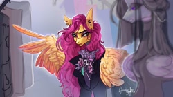 Size: 1450x816 | Tagged: safe, artist:sorninay, fluttershy, oc, pegasus, pony, g4, duo, fluttergoth