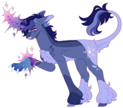 Size: 2580x2272 | Tagged: safe, artist:sleepy-nova, oc, oc only, oc:astral specter, pony, unicorn, alternate universe, blaze (coat marking), blue coat, blue mane, blue tail, butt fluff, chest fluff, coat markings, colored belly, colored eyebrows, colored hooves, colored pinnae, commission, curved horn, dorsal stripe, ear fluff, eyebrows, eyebrows visible through hair, facial markings, floppy ears, frown, glowing, glowing horn, hooves, horn, lacrimal caruncle, leg fluff, leg markings, leonine tail, lidded eyes, looking down, magic, magic paws, magical lesbian spawn, male, male oc, mismatched hooves, multicolored magic, next generation, offspring, parent:rainbow dash, parent:twilight sparkle, parents:twidash, pink eyes, profile, purple hooves, raised hoof, simple background, snip (coat marking), socks (coat markings), solo, sparkles, stallion, stallion oc, standing, standing on three hooves, tail, tail fluff, three toned mane, three toned tail, transparent background, unicorn oc, unshorn fetlocks, wall of tags