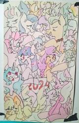 Size: 2268x3554 | Tagged: safe, artist:咸茶吾良夜, applejack, fluttershy, hitch trailblazer, izzy moonbow, misty brightdawn, pinkie pie, pipp petals, rainbow dash, rarity, spike, sunny starscout, sunset shimmer, twilight sparkle, zipp storm, alicorn, dragon, earth pony, pegasus, pony, unicorn, g4, g5, baby, baby dragon, female, horn, male, mane five, mane seven, mane six, mane six (g5)