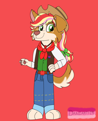 Size: 1280x1585 | Tagged: safe, artist:daniarts19, applejack, dog, anthro, g4, appledog, applejack's hat, belt, belt buckle, bisexual applejack, bisexual pride flag, border collie, clothes, cowboy hat, cowgirl, cute, denim, dogified, hat, jackabetes, jeans, pants, pride, pride flag, red background, simple background, solo, species swap, stetson, vest