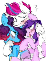 Size: 1080x1440 | Tagged: safe, alternate version, artist:咸茶吾良夜, misty brightdawn, pipp petals, zipp storm, pegasus, pony, unicorn, g5, blushing, female, group hug, horn, hug, incest, lesbian, mare, polyamory, royal sisters (g5), ship:dawnstorm, ship:mistypetals, ship:petalstorm, shipping, siblings, simple background, sisters, tongue out, trio, trio female, white background