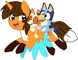 Size: 2737x2138 | Tagged: safe, artist:shieldwingarmorofgod, oc, oc:ej, alicorn, dog, g4, alicorn oc, bingo heeler, bluey, bluey heeler, crossover, female, flying, horn, male, simple background, transparent background, wings