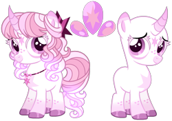 Size: 1463x1029 | Tagged: safe, artist:strawberry-spritz, oc, oc only, oc:mythical vision, pony, unicorn, bald, base used, chest marking, coat markings, colored eartips, colored eyelashes, colored hooves, colored horn, colored pinnae, curly mane, curly tail, curved horn, eye markings, facial markings, female, female oc, filly, filly oc, foal, freckles, gradient horn, gradient legs, gradient mane, gradient tail, hooves, horn, jewelry, leg freckles, long tail, looking back, multicolored mane, multicolored tail, necklace, oc redesign, offspring, parent:big macintosh, parent:twilight sparkle, parents:twimac, pink eyelashes, pink eyes, pink mane, pink tail, redesign, shiny hooves, show accurate, simple background, smiling, snip (coat marking), solo, standing, star (coat marking), tail, three toned ears, transparent background, unicorn horn, unicorn oc, white coat