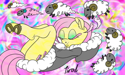 Size: 1500x903 | Tagged: safe, artist:sepiakeys, angel bunny, fluttershy, rabbit, sheep, anthro, unguligrade anthro, g4, animal, butt, clothes, colored eyelashes, ear fluff, eyes closed, eyeshadow, female, hoodie, makeup, male, mare, pink eyelashes, underhoof, wingless