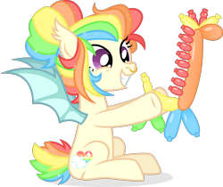 Size: 4433x3716 | Tagged: safe, artist:cirillaq, oc, oc only, oc:shimmering skies, bat pony, pony, balloon, balloon animal, cute, female, happy, mare, ocbetes, simple background, smiling, solo, spread wings, transparent background, wings