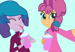 Size: 2000x1400 | Tagged: safe, artist:jadeharmony, izzy moonbow, sunny starscout, human, equestria girls, g4, g5, bff, drink, duo, duo female, female, friends, smoothie