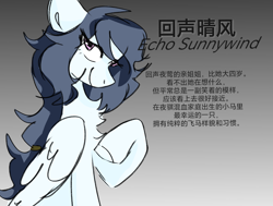 Size: 1427x1080 | Tagged: safe, artist:咸茶吾良夜, oc, oc only, oc:echo sunnywind, pegasus, pony, chest fluff, chinese, eye clipping through hair, female, folded wings, gradient background, gray background, mare, pink eyes, simple background, solo, wings