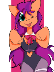 Size: 1080x1440 | Tagged: safe, artist:咸茶吾良夜, sunny starscout, earth pony, semi-anthro, g5, bowtie, clothes, female, heart cutout, leotard, mare, necktie, one eye closed, solo, tongue out