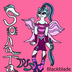 Size: 1280x1280 | Tagged: safe, artist:blackblade360, sonata dusk, human, rainbow rocks 10th anniversary, equestria girls, g4, my little pony equestria girls: rainbow rocks, blue skin, clothes, digital art, disguise, disguised siren, ears, ibispaint x, missing accessory, ponied up, pony ears, red background, signature, simple background, spread wings, title card, wings