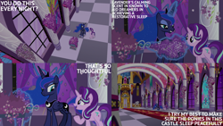 Size: 2000x1125 | Tagged: safe, edit, edited screencap, editor:quoterific, screencap, princess luna, starlight glimmer, alicorn, pony, unicorn, a royal problem, g4, season 7, canterlot castle interior, caption, duo, duo female, female, horn, lavender, mare, night, text