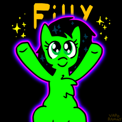 Size: 1280x1280 | Tagged: safe, artist:vaporammy, derpibooru exclusive, oc, oc only, oc:filly anon, earth pony, pony, g4, black background, chest fluff, eyelashes, female, filly, foal, glowing, hooves up, neon, simple background, sparkles, sparkly mane, text