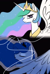 Size: 3412x5120 | Tagged: safe, artist:taohuabuhuanjiu09211, princess celestia, princess luna, alicorn, pony, g4, black background, eyes closed, female, looking at you, mare, one eye closed, royal sisters, siblings, simple background, sisters, smiling, wink