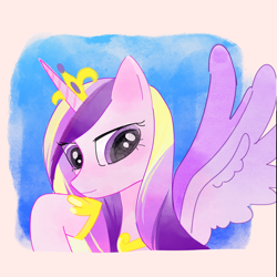 Size: 1080x1080 | Tagged: safe, artist:xinjinjumin618254523687, princess cadance, alicorn, pony, g4, bust, eye clipping through hair, female, hoof on chin, mare, portrait, slit pupils, solo, spread wings, wings