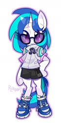 Size: 900x1800 | Tagged: safe, artist:rlabbiy, dj pon-3, vinyl scratch, unicorn, semi-anthro, g4, clothes, grin, horn, looking at you, pink outline, shoes, shorts, simple background, smiling, solo, text, white background