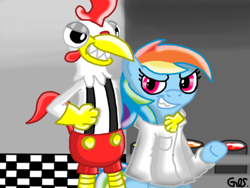 Size: 640x480 | Tagged: safe, artist:mudkip91/tetrahedron, rainbow dash, bird, chicken, pegasus, pony, semi-anthro, fanfic:rainbow factory, g4, arm around neck, clothes, clucky, clucky's, crossover, evil, evil smile, fanfic art, gametoons, lab coat, liquid rainbow, rainbow factory dash, smiling, spectra, vat