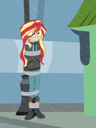 Size: 2500x3333 | Tagged: safe, artist:nie-martw-sie-o-mnie, sunset shimmer, human, equestria girls, g4, monday blues, my little pony equestria girls: summertime shorts, bondage, boots, boots bondage, bound and gagged, cloth gag, clothes, female, femsub, gag, high heel boots, hoodie, lamppost, outdoors, pole tied, rain, shoes, solo, submissive, tape, tape bondage, wet, wet hair