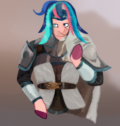 Size: 1150x1200 | Tagged: safe, artist:tiska, oc, oc only, oc:myata, human, pegasus, abstract background, armor, belt, blue eyes, bracer, fur cape, humanized, solo