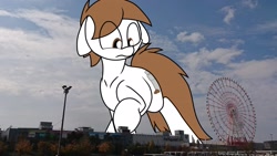 Size: 1920x1080 | Tagged: safe, artist:shakey_kyane929, oc, oc only, oc:shakerato, earth pony, pony, female, ferris wheel, floppy ears, giant pony, giantess, highrise ponies, irl, looking down, macro, mare, photo, ponies in real life, solo