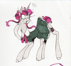 Size: 1437x1321 | Tagged: safe, artist:maniczombiedreamgirl, derpibooru exclusive, oc, oc only, oc:quite contrary, ghost, ghost pony, pony, undead, unicorn, 2024, blank eyes, clothes, dress, ear fluff, emanata, female, flowing mane, frilly dress, gray coat, hair bun, horn, multiple legs, multiple limbs, simple background, six legs, sketchbook, skinny, solo, tail, tail bun, thin, three toned mane, three toned tail, white background, white hooves