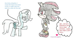 Size: 1236x647 | Tagged: safe, artist:amyandluigifan, hedgehog, mobian, pony, unicorn, g4, dialogue, duo, english, horn, shadow the hedgehog, simple background, sonic the hedgehog (series), thought bubble, traditional art, unamused, white background