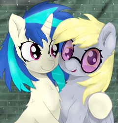 Size: 1964x2048 | Tagged: safe, artist:minecake, derpy hooves, dj pon-3, vinyl scratch, pegasus, pony, unicorn, g4, blushing, bust, commission, duo, duo female, ear fluff, female, horn, hug, neck fluff, portrait, shipping, vinyl's glasses