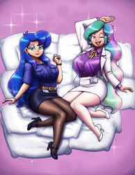 Size: 2800x3600 | Tagged: safe, artist:darkeros, artist:king-kakapo, derpibooru exclusive, princess celestia, princess luna, human, g4, badge, bedroom eyes, big breasts, blazer, breasts, busty princess celestia, busty princess luna, clothes, collaboration, colored, feet, female, gradient background, high heels, humanized, jacket, light skin, looking at you, office, office lady, one eye closed, open mouth, open smile, pantyhose, pillow, pinstripes, ribbon, royal sisters, s1 luna, shoes, siblings, silk, sisters, skirt, skirt suit, smiling, smiling at you, suit, underwear, wink, winking at you