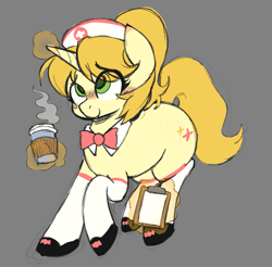 Size: 817x803 | Tagged: artist needed, source needed, safe, oc, oc:nurse goldenheart, pony, unicorn, blushing, clothes, coffee, coffee cup, cup, female, green eyes, hat, horn, magic, mare, necktie, nurse, nurse hat, simple background, smiling, socks, telekinesis, unicorn oc, yellow coat, yellow mane