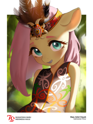 Size: 2304x3072 | Tagged: safe, artist:kagaki, fluttershy, pegasus, pony, semi-anthro, g4, alternate hairstyle, arm behind back, backlighting, blurry background, blushing, clothes, colored eyebrows, colored pupils, female, grin, half body, hands behind back, headwear, indonesian, looking at you, mare, outdoors, passepartout, signature, smiling, smiling at you, solo, subsurface scattering, traditional clothing