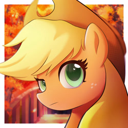 Size: 2048x2048 | Tagged: safe, artist:kagaki, applejack, earth pony, pony, g4, applejack's hat, autumn, bridge, bust, cowboy hat, cute, female, freckles, hat, looking at you, mare, outdoors, passepartout, solo