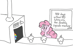 Size: 680x455 | Tagged: safe, artist:opossum-stuff, pinkie pie, earth pony, pony, fanfic:cupcakes, g4, assembly line, colored, conveyor belt, cupcake, dot eyes, eyelashes, factory, female, flat colors, food, horse meat, implied death, implied rainbow dash, lighter coat, link in description, machine, mare, meat, meme, missing cutie mark, mistakes were made, no osha compliance, rainbow cupcake, reference, simple background, smiling, solo, text, this ended in death, triangle factory meme, white background