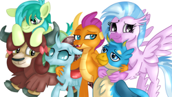 Size: 1920x1080 | Tagged: safe, artist:jbond, gallus, ocellus, sandbar, silverstream, smolder, yona, changedling, changeling, classical hippogriff, dragon, earth pony, griffon, hippogriff, pony, yak, g4, cute, diastreamies, dragoness, female, gallabetes, group, group hug, hug, male, ship:yonabar, shipping, simple background, smolderbetes, stallion, straight, student six, teenaged dragon, teenager, white background