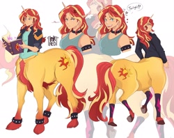 Size: 2048x1623 | Tagged: safe, artist:inkrred, sunset shimmer, centaur, human, taur, g4, book, bunset shimmer, butt, centaur sunset, centaurified, choker, cross-popping veins, emanata, female, floating heart, happy trail, heart, horn, horned humanization, humanized, implied lesbian, implied shipping, implied sunsetsparkle, implied twilight sparkle, plot, reading, simple background, solo, species swap, spiked armband, spiked choker, white background, zoom layer