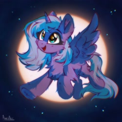 Size: 3000x3000 | Tagged: safe, artist:aureai, artist:aureaiart, princess luna, alicorn, pony, g4, cheek fluff, chest fluff, cute, ear fluff, female, filly, filly luna, fluffy, flying, full moon, high res, horn, lunabetes, moon, open mouth, open smile, smiling, solo, spread wings, tail, underhoof, wings, woona, younger